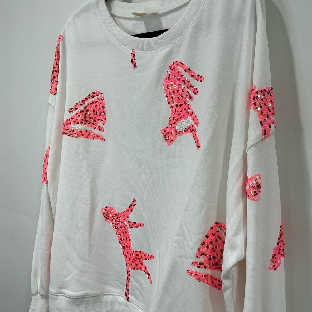 NWOT Peach Love White Long Sleeve Pink Sequin Cheetahs - Picture 3 of 7